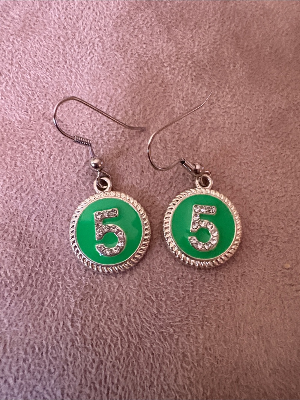 Green Number 5 Crystal Accent Drop Earrings